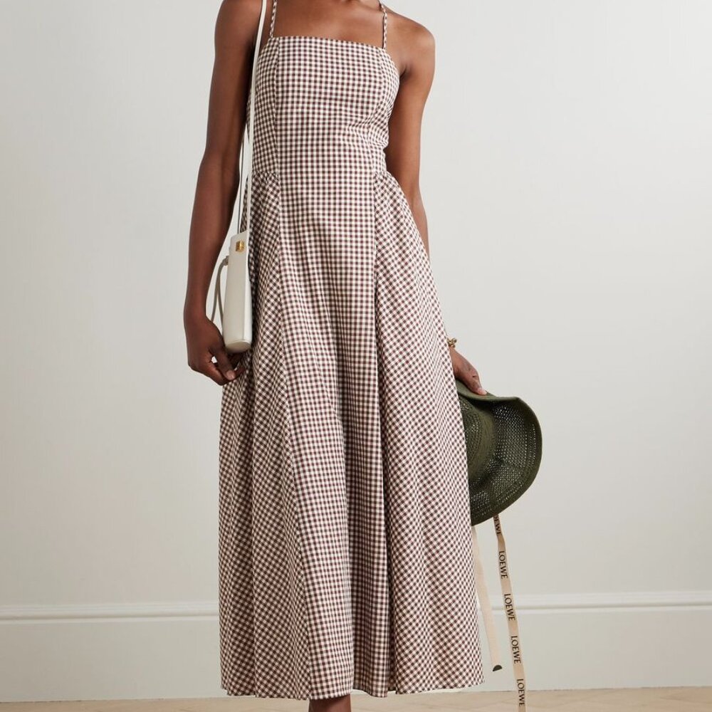 NEW Posse Callie Pleated Gingham Cotton-Voile Mini Dress in Light Brown